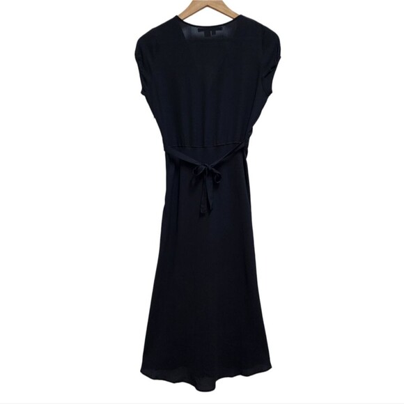 Zara Dress M Black 100% Silk V Neck Tie Back Cap Slv Midi Fitted Sheer Party - Picture 3 of 12